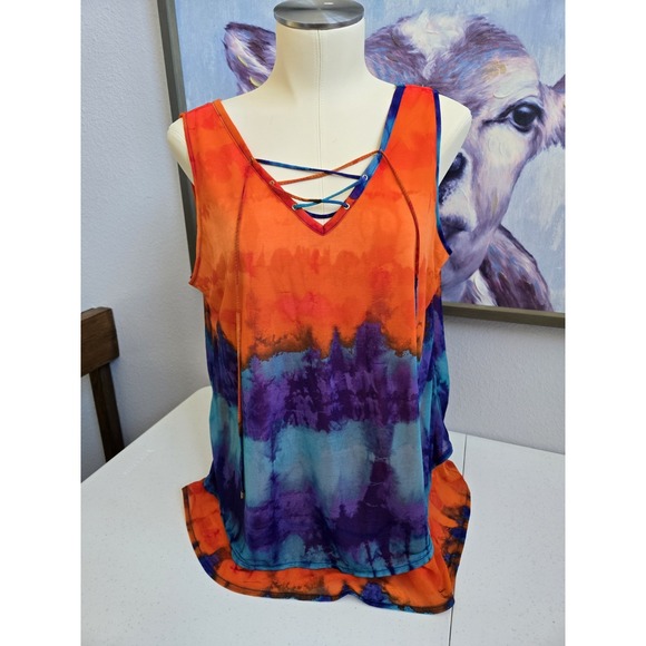 Worthington Tops - Worthington Women's L Orange Blue Purple Tie Dye Layered Chiffon Cross Tie‎ Tank